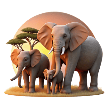 elegant traditional A family of elephants walking across the savanna, dusty sunset lighting, warm and evocative, wildlife photography style detailed png