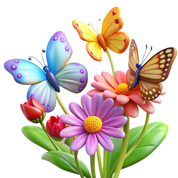 serene classic A group of butterflies fluttering around colorful flowers, vibrant garden scene, macro photography genuine png