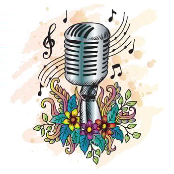 Microphone surrounded with flowers and musical notes vector