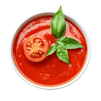 Tomato soup bowl with basil garnish food presentationisolated on transparent background png