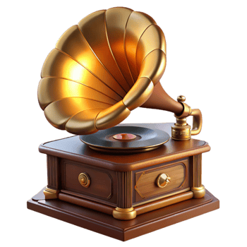 magnificent artistic Steampunk gramophone, intricate horn and turntable, playing a vinyl record, lit by a warm, ambient light, art deco style exclusive png