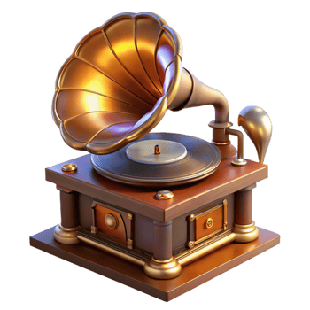 magnificent abstract Steampunk gramophone, intricate horn and turntable, playing a vinyl record, lit by a warm, ambient light, art deco style detailed png