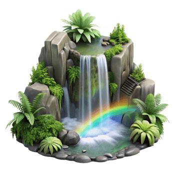 elegant rustic A cascading waterfall surrounded by lush green ferns, mist and spray creating a rainbow effect, realistic rendering, cinematic lighting exclusive png