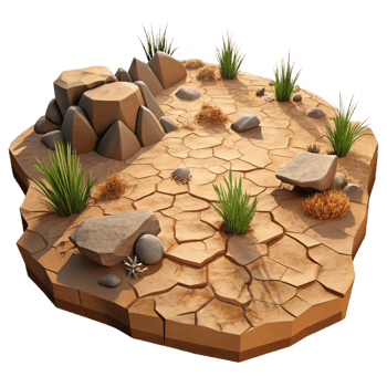 beautiful contemporary A cracked desert landscape, dry earth and sparse vegetation, harsh sunlight, photorealistic style high quality png