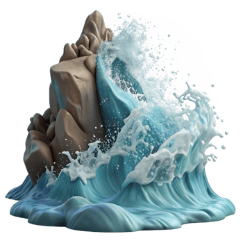serene traditional A wave crashing on a rocky shore, dramatic splash and spray, dynamic movement, seascape photography style premium png