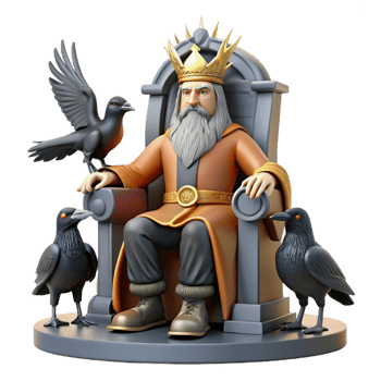 magnificent modern A wise Norse god, Odin, with one eye, perched on his throne, two ravens flanking him, rendered in a gritty, realistic style with dim, atmospheric lighting high resolution png