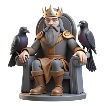 vibrant traditional A wise Norse god, Odin, with one eye, perched on his throne, two ravens flanking him, rendered in a gritty, realistic style with dim, atmospheric lighting high quality png
