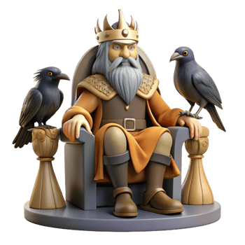 elegant traditional A wise Norse god, Odin, with one eye, perched on his throne, two ravens flanking him, rendered in a gritty, realistic style with dim, atmospheric lighting exclusive png