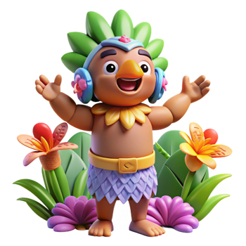 magnificent rustic A playful Polynesian trickster god, Maui, shapeshifting into a bird, surrounded by tropical flowers, illustrated in a cartoonish style with bright, cheerful colors genuine png