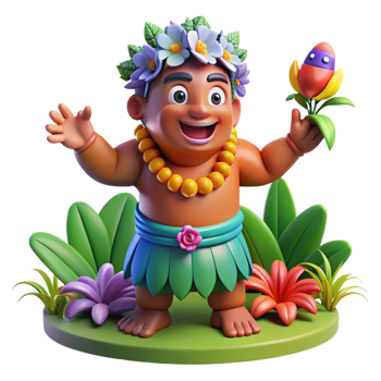 stunning rustic A playful Polynesian trickster god, Maui, shapeshifting into a bird, surrounded by tropical flowers, illustrated in a cartoonish style with bright, cheerful colors 4K png