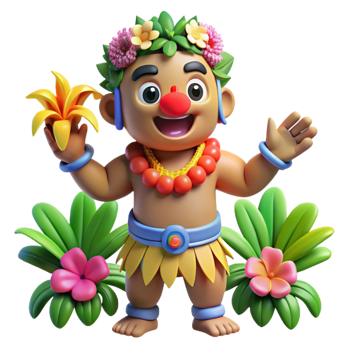impressive traditional A playful Polynesian trickster god, Maui, shapeshifting into a bird, surrounded by tropical flowers, illustrated in a cartoonish style with bright, cheerful colors professional png
