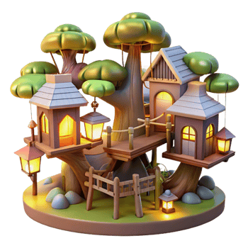 magnificent traditional A whimsical, treehouse village connected by rope bridges and glowing lanterns, whimsical fantasy art style, warm, inviting lighting original png