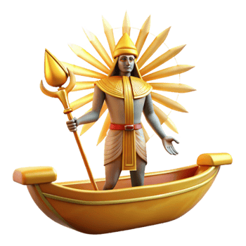 vibrant minimalist A radiant Egyptian sun god, Ra, sailing across the sky in his solar barque, surrounded by golden rays, rendered in a hieroglyphic style with bold, flat colors high quality png