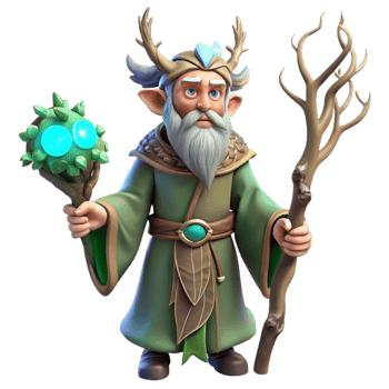 impressive abstract A wise old druid, adorned with intricate tribal tattoos, holding a staff made of twisted branches, surrounded by glowing, magical runes. Serene, realistic style premium png