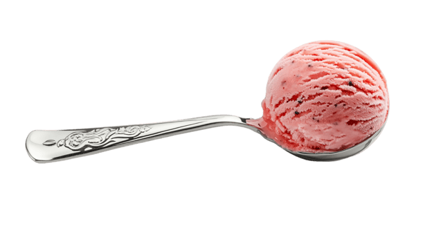 Delicious strawberry ice cream scoop on silver spoonisolated on transparent background png