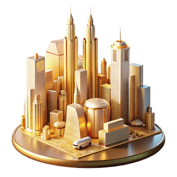 serene artistic A futuristic cityscape with towering skyscrapers and flying vehicles, lit by warm, golden light, art deco style high resolution png