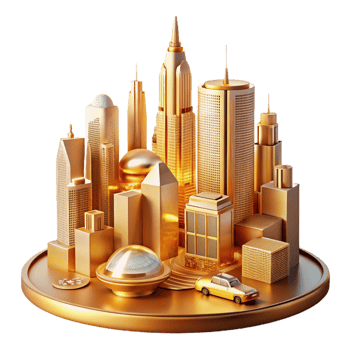 magnificent creative A futuristic cityscape with towering skyscrapers and flying vehicles, lit by warm, golden light, art deco style professional png