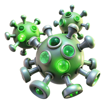 beautiful contemporary A group of nanobots repairing damaged tissue, illuminated by bright, green light, medical illustration style high resolution png