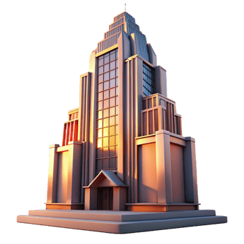 vibrant artistic Art Deco skyscraper, intricate geometric facade, chrome accents, sun setting casting long shadows, volumetric lighting, cinematic style exclusive png