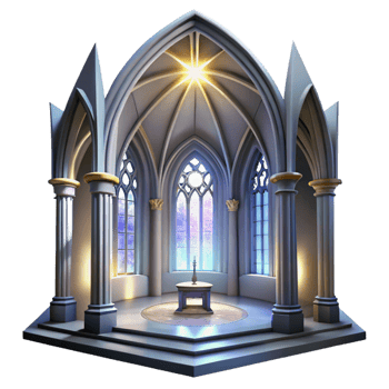 dramatic vintage Gothic cathedral interior, stained glass windows depicting celestial scenes, shafts of light piercing through the darkness, ethereal atmosphere, hyperrealistic rendering high quality png
