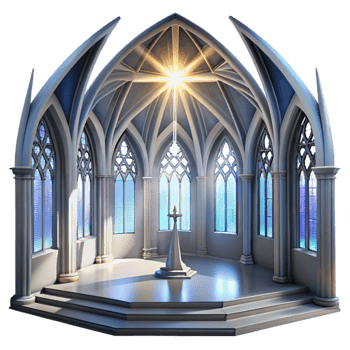vibrant modern Gothic cathedral interior, stained glass windows depicting celestial scenes, shafts of light piercing through the darkness, ethereal atmosphere, hyperrealistic rendering high resolution png