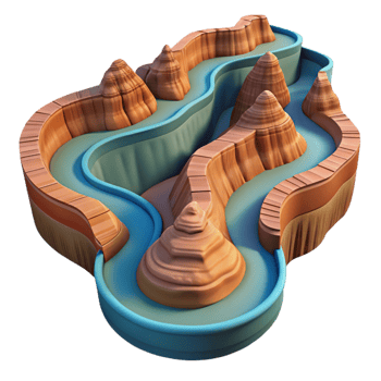 dramatic minimalist A winding river through a canyon, aerial view, dramatic lighting detailed png