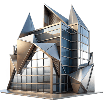 wonderful contemporary Deconstructivist office building, sharp angles and fragmented forms, metallic surfaces reflecting the urban landscape, dramatic lighting, abstract style authentic png