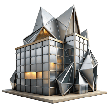 vibrant modern Deconstructivist office building, sharp angles and fragmented forms, metallic surfaces reflecting the urban landscape, dramatic lighting, abstract style authentic png