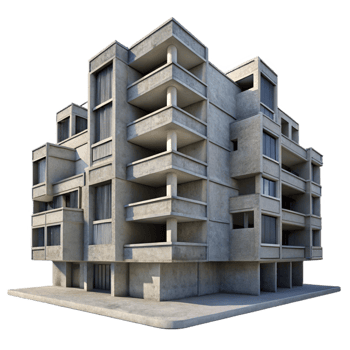 stunning artistic Brutalist concrete apartment complex, repetitive geometric patterns, stark shadows, urban decay, grunge aesthetic high quality png
