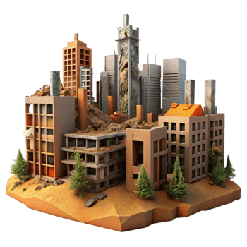 extraordinary classic Post-apocalyptic cityscape, crumbling buildings and overgrown vegetation, dusty orange sky, desolate mood, dystopian style detailed png
