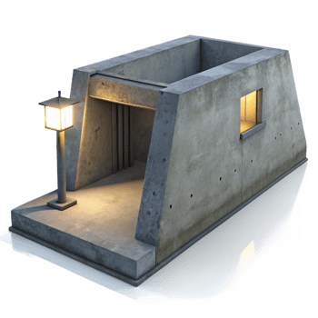 vibrant contemporary Minimalist concrete bunker, single light source casting long shadows, stark and cold atmosphere, brutalist style premium png