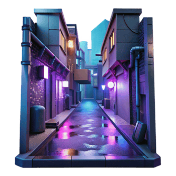 beautiful abstract Cyberpunk alleyway, neon signs and holographic projections, gritty urban environment, rainy night, dystopian style high resolution png