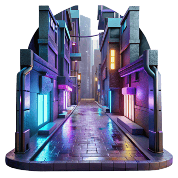 elegant traditional Cyberpunk alleyway, neon signs and holographic projections, gritty urban environment, rainy night, dystopian style detailed png