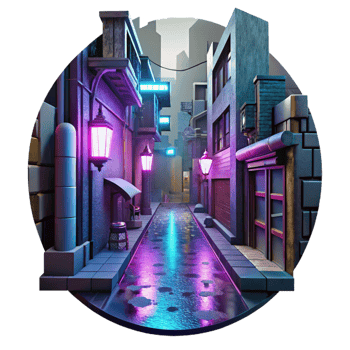 dramatic vintage Cyberpunk alleyway, neon signs and holographic projections, gritty urban environment, rainy night, dystopian style authentic png