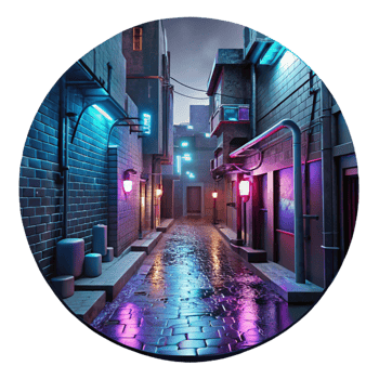 dramatic vintage Cyberpunk alleyway, neon signs and holographic projections, gritty urban environment, rainy night, dystopian style high resolution png