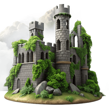 magnificent abstract Medieval castle ruins, overgrown with ivy, dramatic stormy sky, gothic atmosphere 4K png