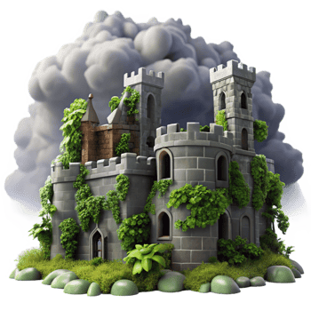 vibrant classic Medieval castle ruins, overgrown with ivy, dramatic stormy sky, gothic atmosphere premium png