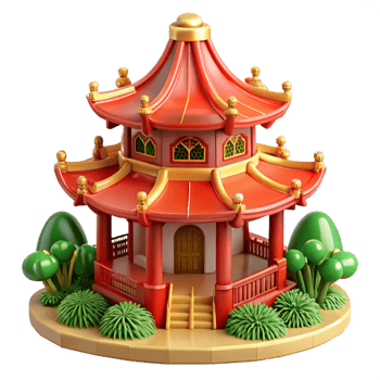 elegant vintage Traditional Chinese pagoda, intricate red and gold details, surrounded by lush gardens, serene mood authentic png