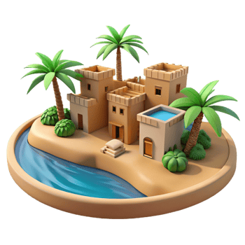 impressive contemporary Desert oasis with a small village of mud-brick houses, palm trees and a clear blue sky, peaceful atmosphere high resolution png