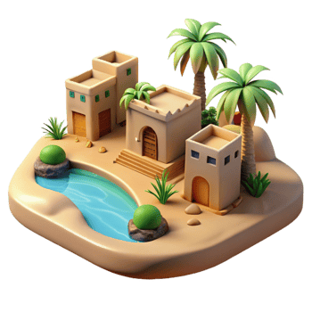 dramatic classic Desert oasis with a small village of mud-brick houses, palm trees and a clear blue sky, peaceful atmosphere original png