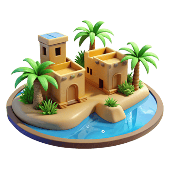 extraordinary modern Desert oasis with a small village of mud-brick houses, palm trees and a clear blue sky, peaceful atmosphere authentic png