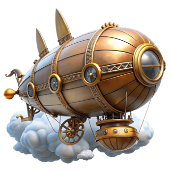 serene abstract Steampunk airship, intricate gears and brass details, floating against a cloudy sky, retro-futuristic style high quality png