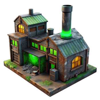 magnificent vintage Abandoned industrial factory, rusty metal and broken windows, eerie green light, dystopian atmosphere 4K png