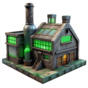 stunning modern Abandoned industrial factory, rusty metal and broken windows, eerie green light, dystopian atmosphere high quality png