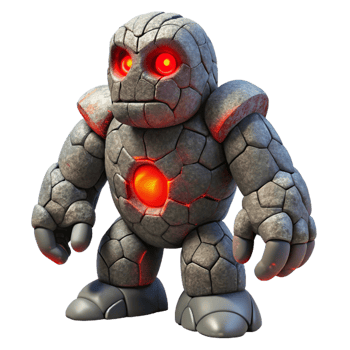 elegant classic A towering stone golem with glowing red eyes, emerging from the earth. Dark, ominous lighting. Surrealist style high quality png