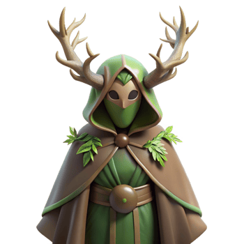 dramatic vintage A mysterious druid with antlers and a cloak of woven leaves, standing in a sacred grove. Soft, dappled sunlight. Celtic style 4K png