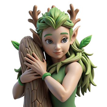 stunning creative A delicate dryad with bark-like skin and leafy hair, embracing a giant tree. Soft, natural lighting. Fantasy realism style exclusive png