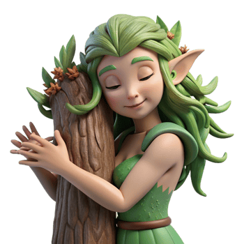 vibrant traditional A delicate dryad with bark-like skin and leafy hair, embracing a giant tree. Soft, natural lighting. Fantasy realism style authentic png