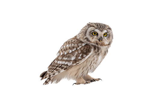 An owl with bright yellow eyes and mottled feathers, perched elegantly, radiating wisdom and curiosity png