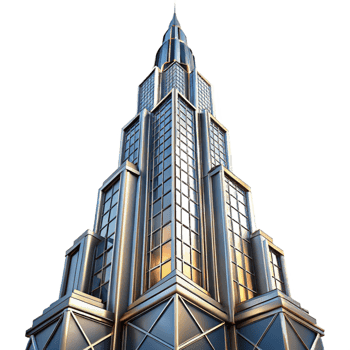 stunning creative Art Deco skyscraper, chrome and glass, intricate geometric patterns, sharp lines, volumetric lighting, dusk, cinematic angle, genuine png